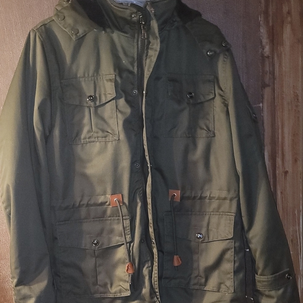 Men's David Outwear Green Military Style Field Jacket with Detachable Hood Large